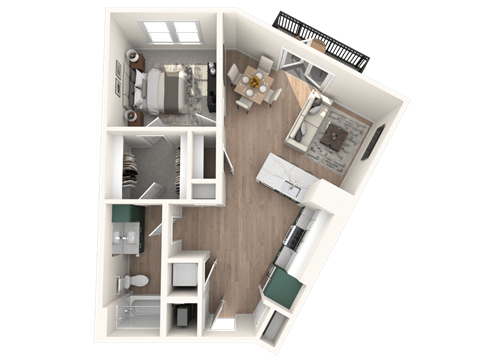 A 3D floor plan of a small apartment with a kitchen, living room, and bathroom.